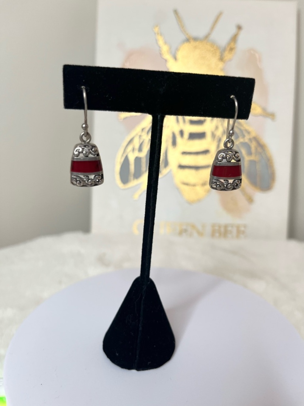 Sterling Silver Filigree Red Coral Drop Earrings